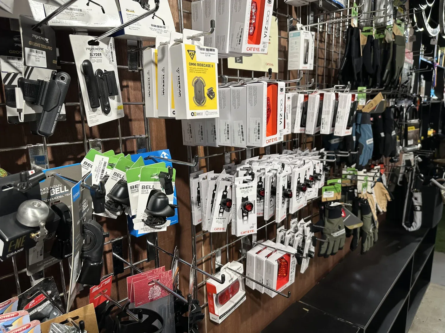 Accessories and parts on the shop wall